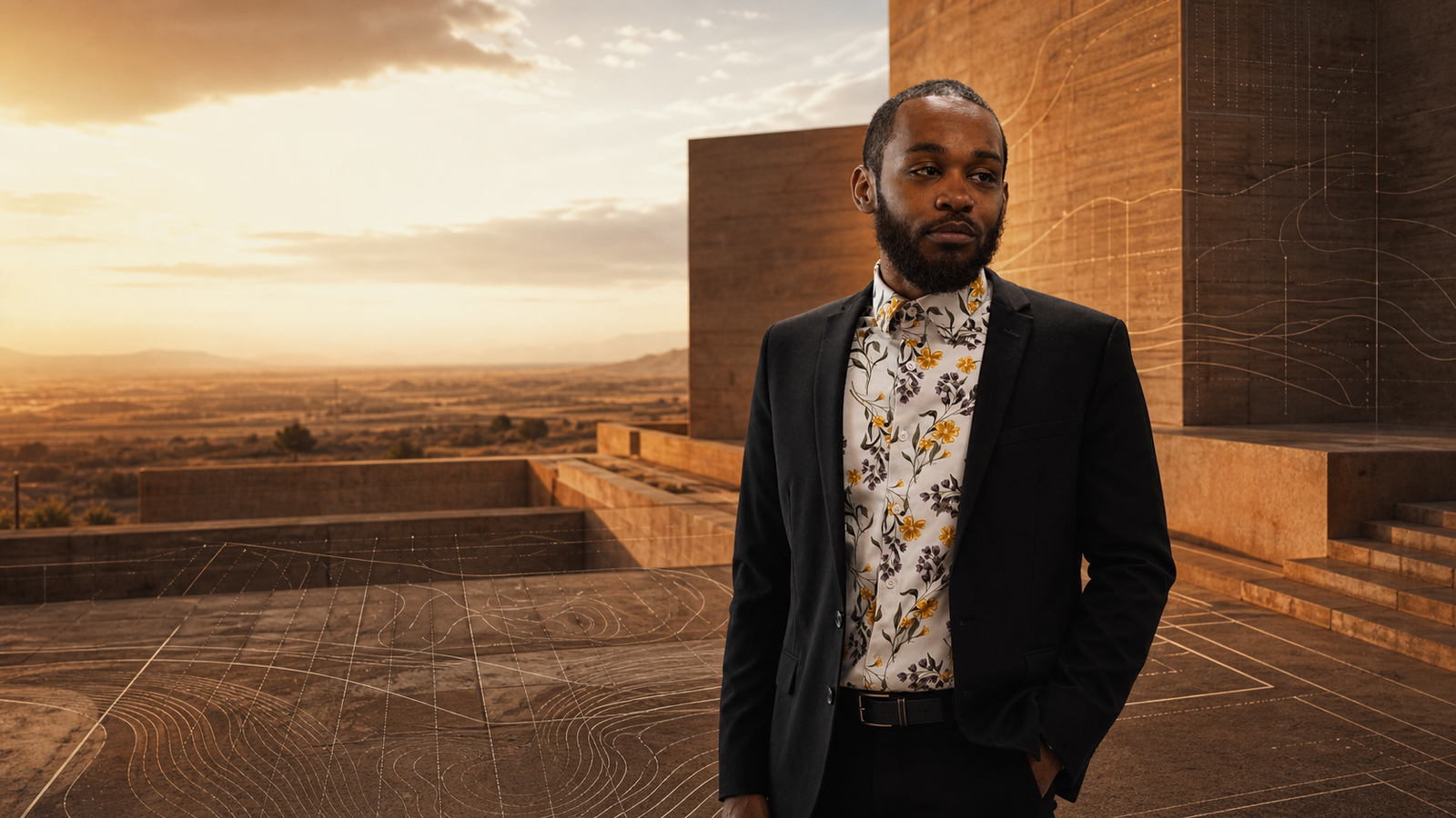 Shadre Domingo standing in an architectural landscape